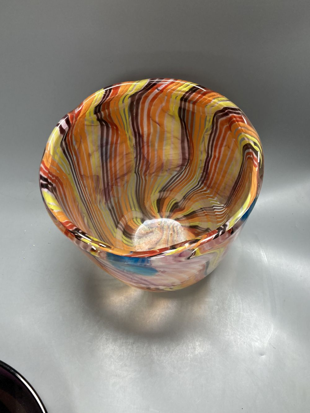 A Murano scrambled glass vase, height 25.5cm and an amethyst tinted shallow glass bowl, diameter 30cm